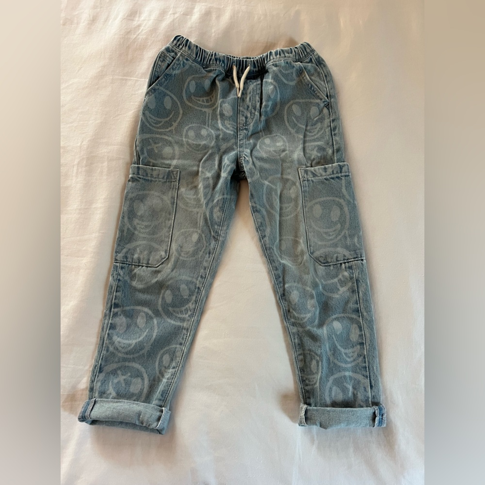 Next Smiley graphic Cuff Hem Drawstring Cargo Jeans size 5-6Y